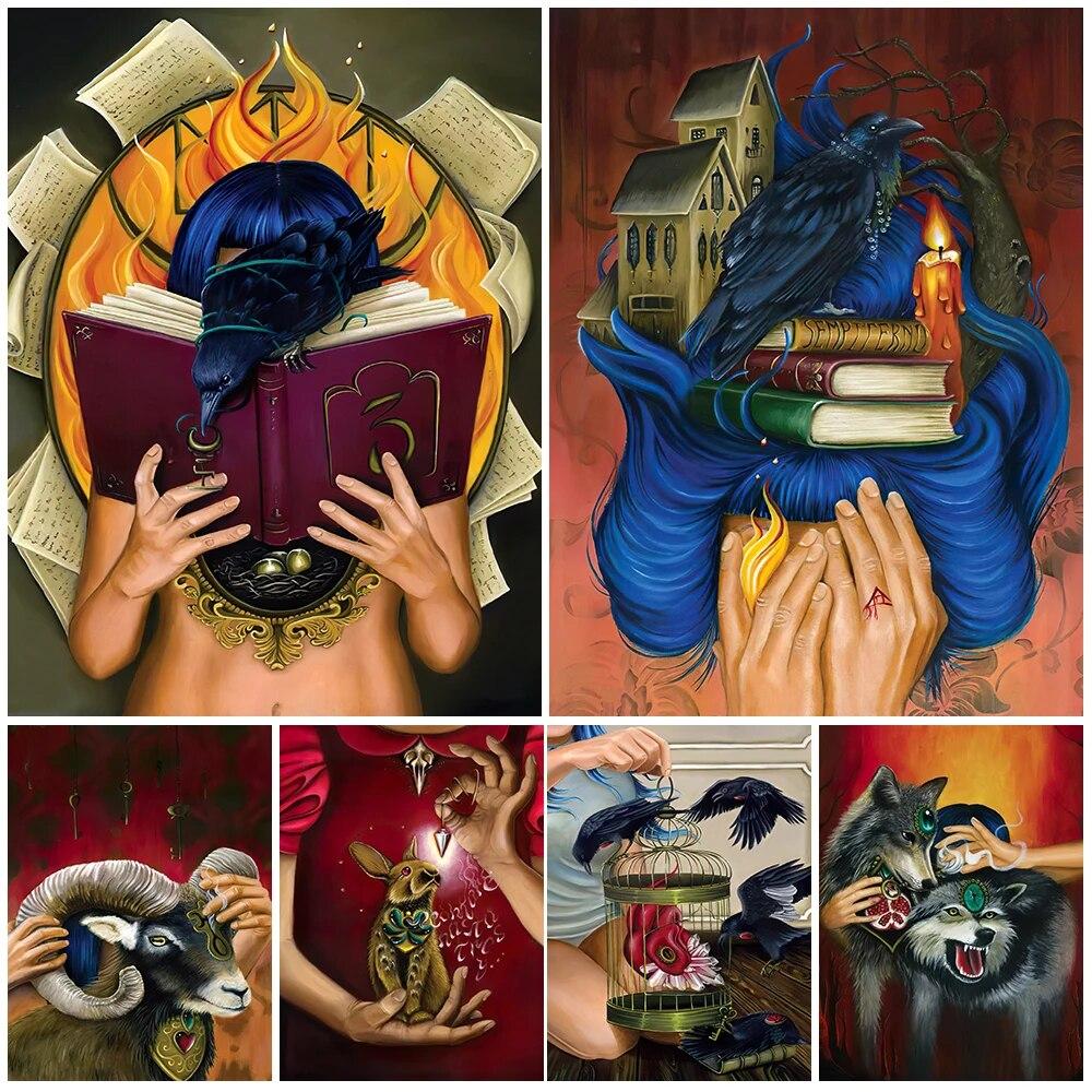 

Таинственное колдовство, магия, сюрреалистическая настенная живопись на холсте, черная магия коз, ворон и волков, художественный постер, декор без рамки