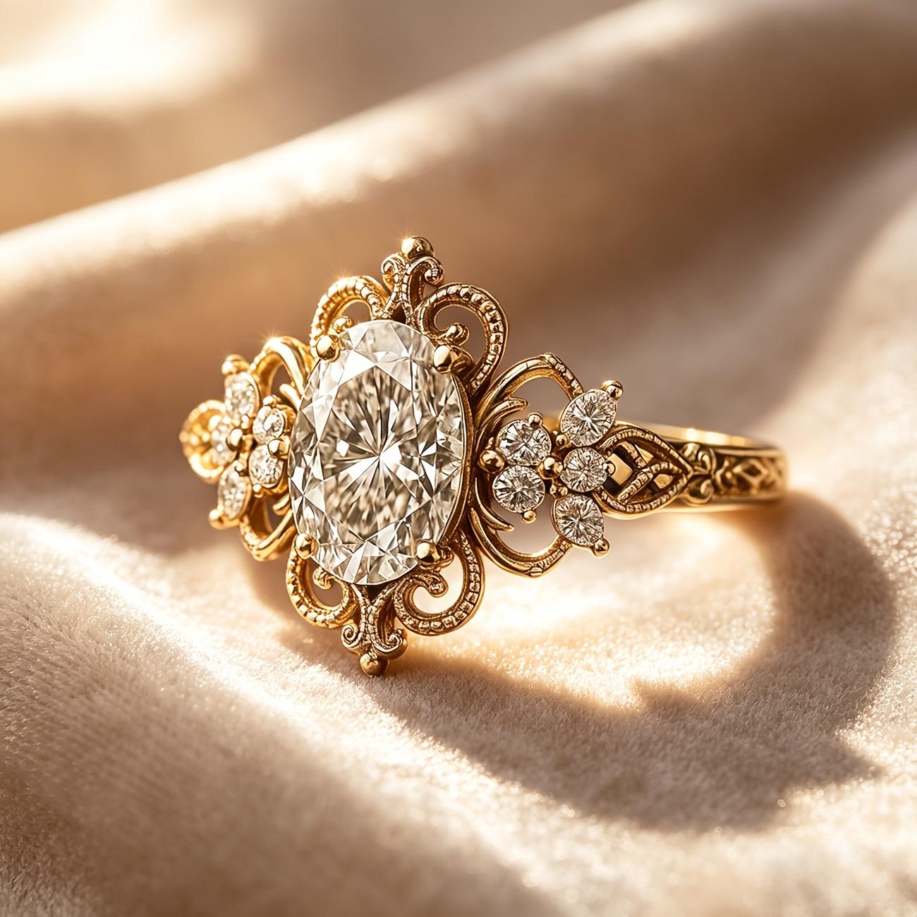 Vintage Light Luxury Filigree Hollow Women s Ring, Gold-Plated with Inlaid Synthetic Cubic Zirconia, Symmetrical Floral Design 6