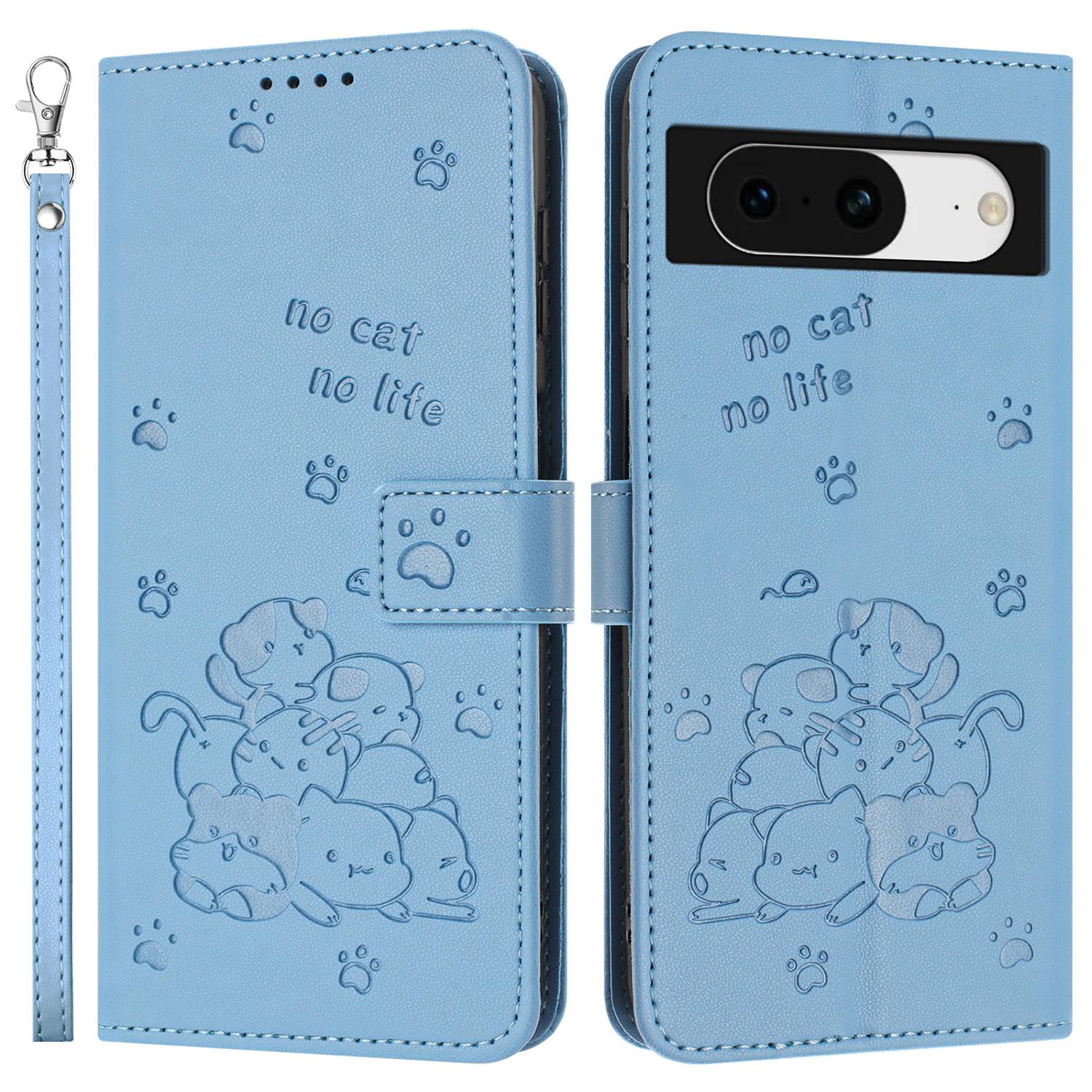 

For Google Pixel 8a Case with Strap Cats Imprint Leather Wallet Phone Cover F