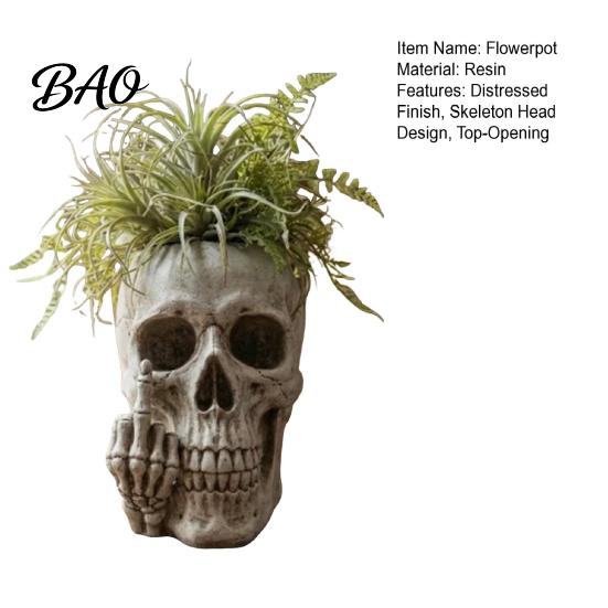 Small Plant Holder Skull Planter with Middle?Finger Gesture, Resin Succulent Pot, Gothic Skeleton Head Indoor Outdoor Flower Unique Desktop