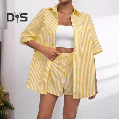 Women's Summer Two Piece Set Striped Button Down Short Sleeve Shirt Drawstring Shorts Set Casual Lounge Outfit