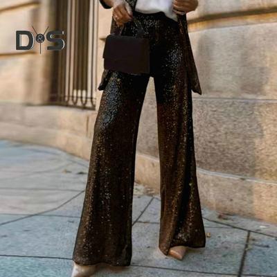 Women Pant Coat Shiny Sequin Formal Commute Style Solid Color Cardigan Long Seeve Mid Length Coat High Waist Wide Leg Pants