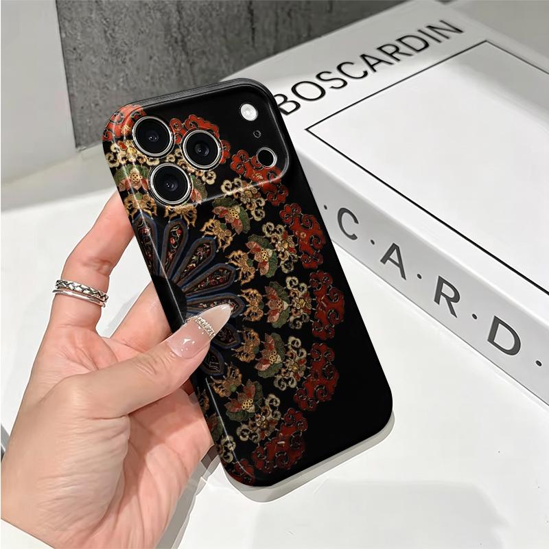 Vintage Oriental Fan Motif Colorful Ethnic Pattern Art Film Aesthetic Protective Shockproof Bumper Case Cover For iPhone 14 15 16 Pro Max Plus