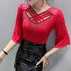 Summer New Women Mesh Tees Tops Fashion Sexy Cross Hollow Out Hot Diamond Half Sleeved Bottoming Shirt Elasticity T-Shirt