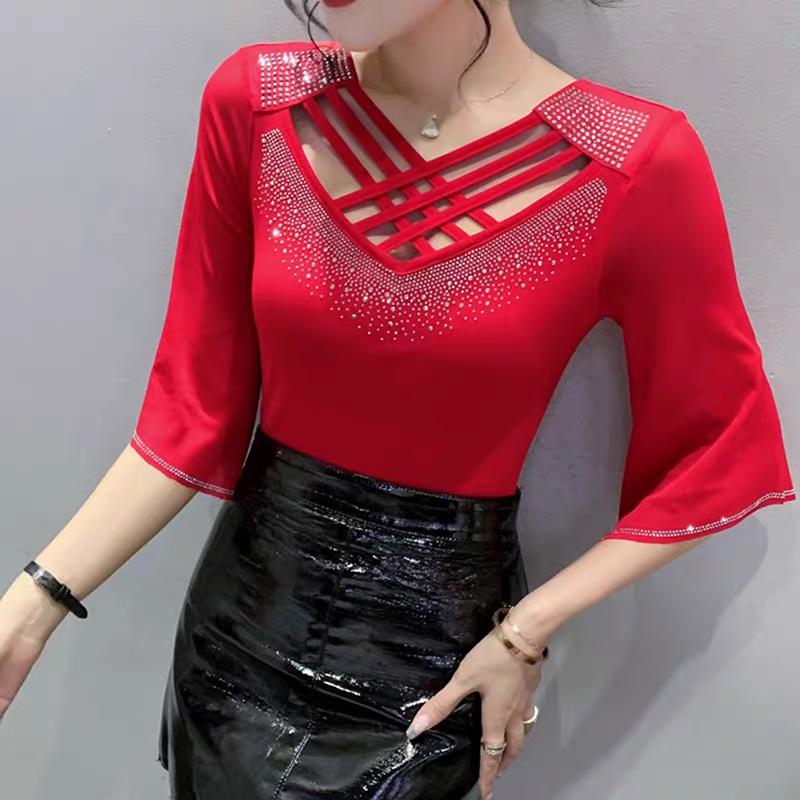 Summer New Women Mesh Tees Tops Fashion Sexy Cross Hollow Out Hot Diamond Half Sleeved Bottoming Shirt Elasticity T-Shirt