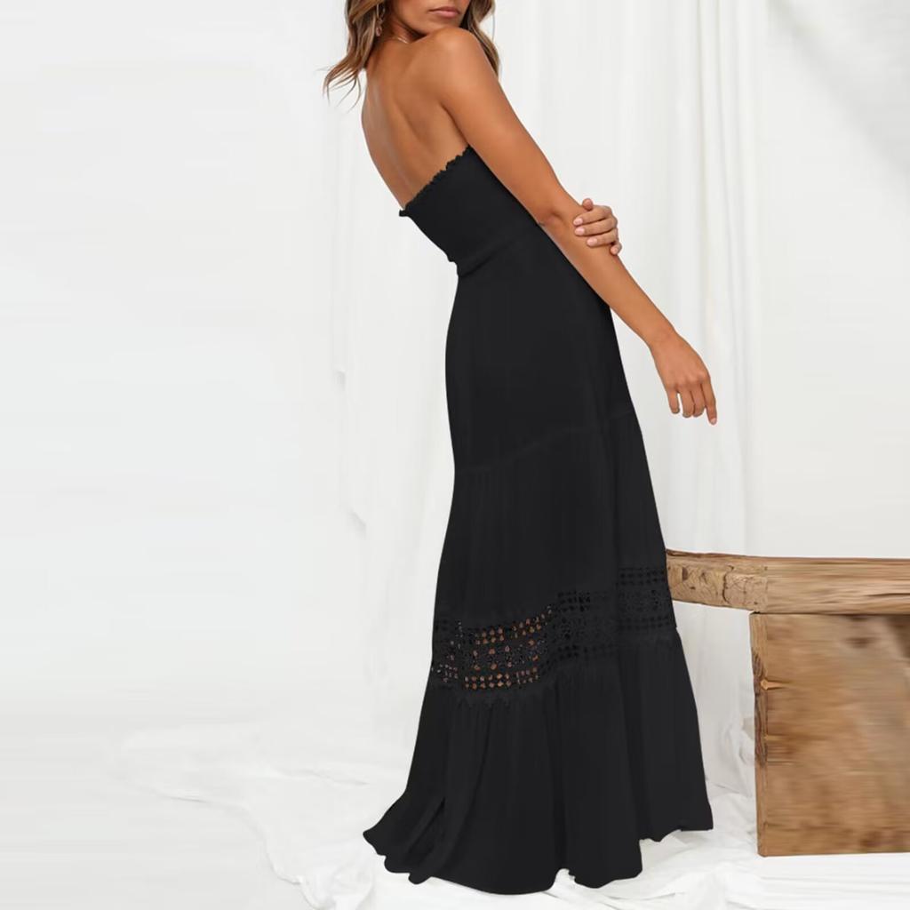 IHUASU Dames Lange Mouwloze Vintage Boho Getailleerde Jurk in Effen Kleur met Strapless Gestikte Zoom