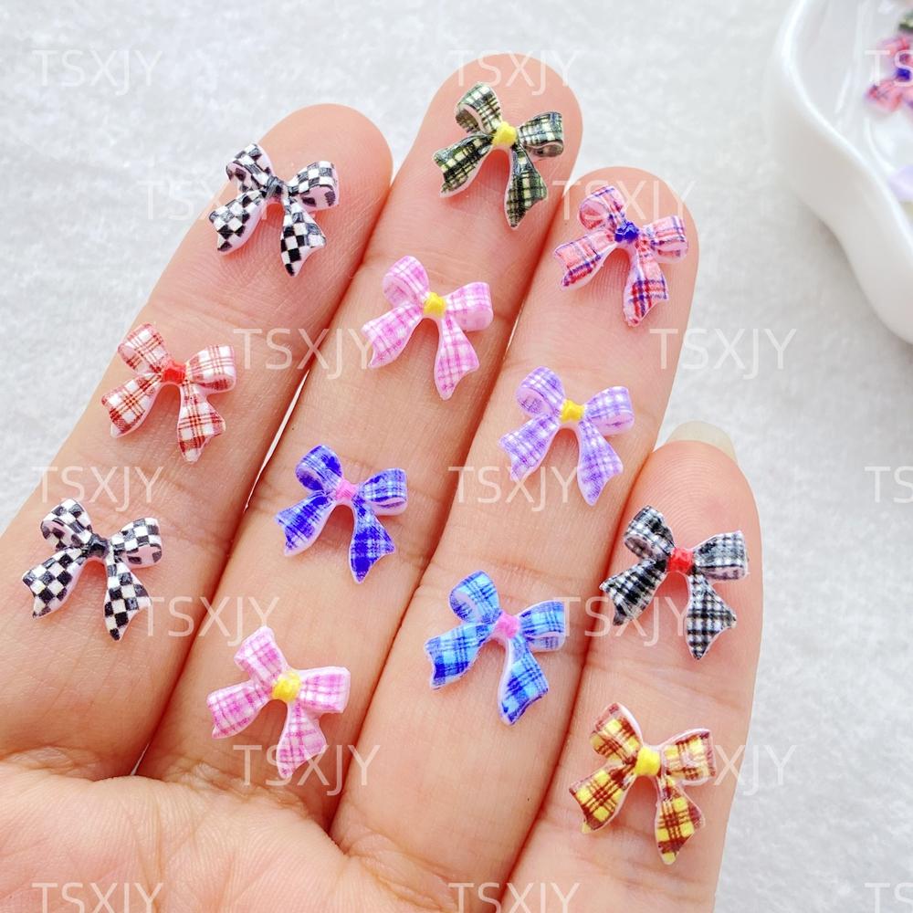 50Pcs Cute Mini Colorful Grid Bow Nail Art Resin Designer Charms DIY Craft For Nail 3D Decorations Jewelry