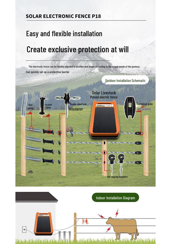 Solar-Powered Electronic Livestock Fence Kit for Pigs, Cattle, Sheep - Complete Set for Farm Use