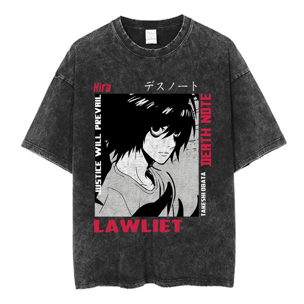 

Anime Death Note LLawliet Yagami Light Retro Washed T Shirt Men Women Cotton Casual Oversized Short Sleeve Tshirts Streetwear S
