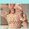 Summer Vintage Floral Waffle Short Sleeve Crop Top With Square Neck For Womens Casual Wear