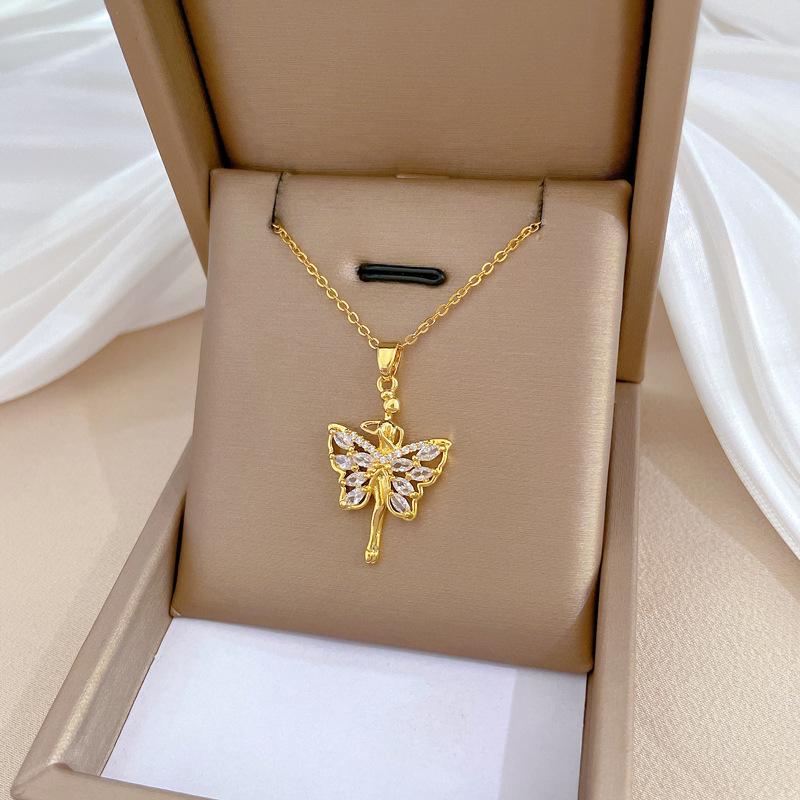 Titanium Steel Butterfly Elf Light Luxury Temperament Gorgeous Full Diamond Necklace Female Versatile Collarbone Chain Titanium Steel Chain
