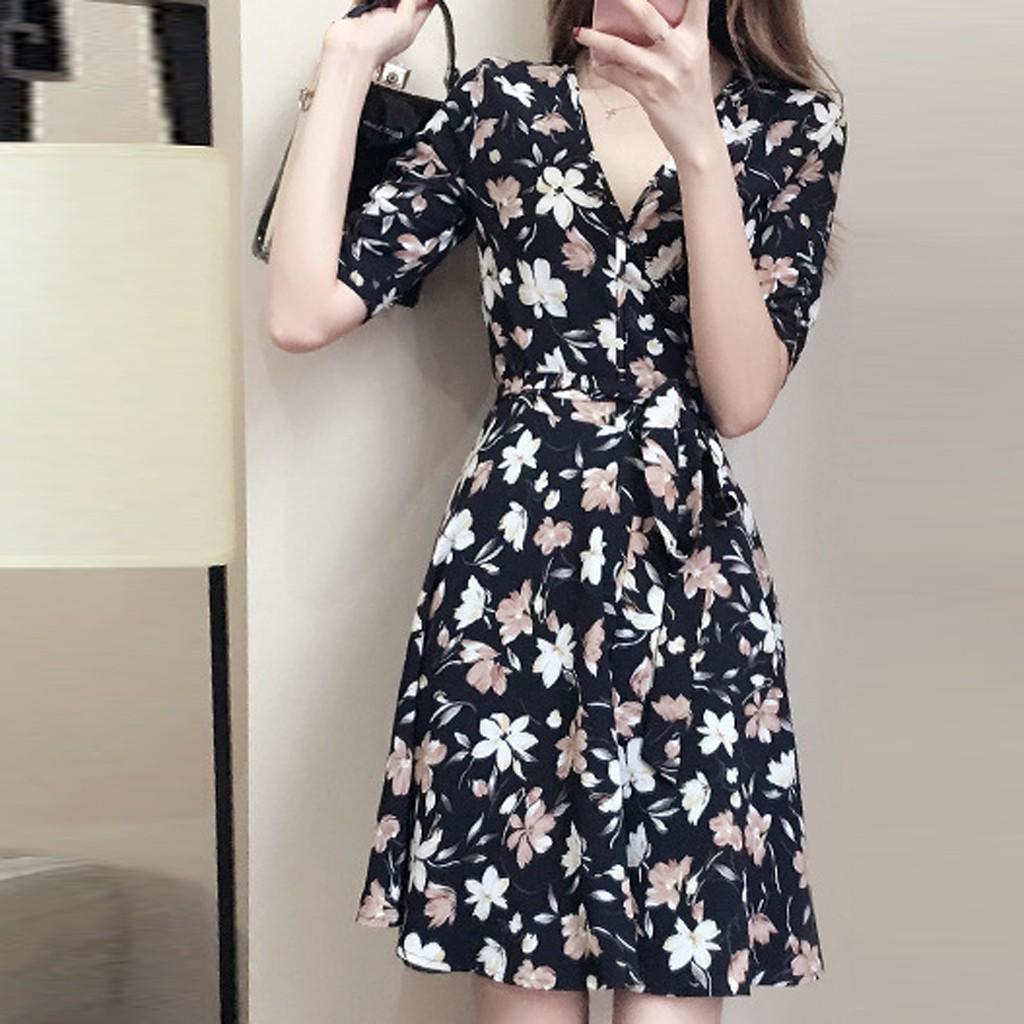 Fashion Women Sexy Knee Length Short Sleeve Printing V-Neck Summer Dress