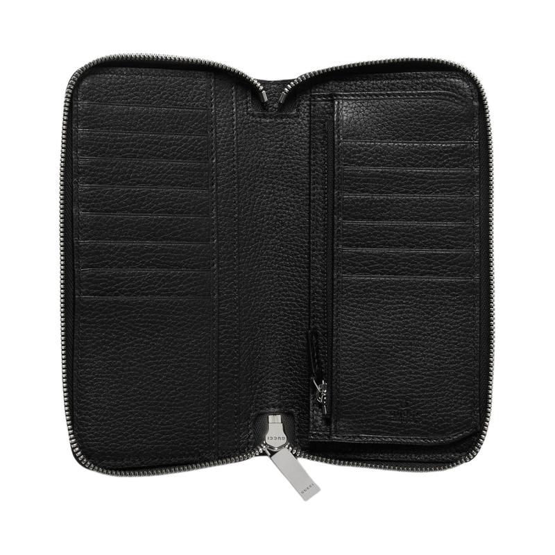Gucci Script letter logo zipper closure leather card holder wallet men's black