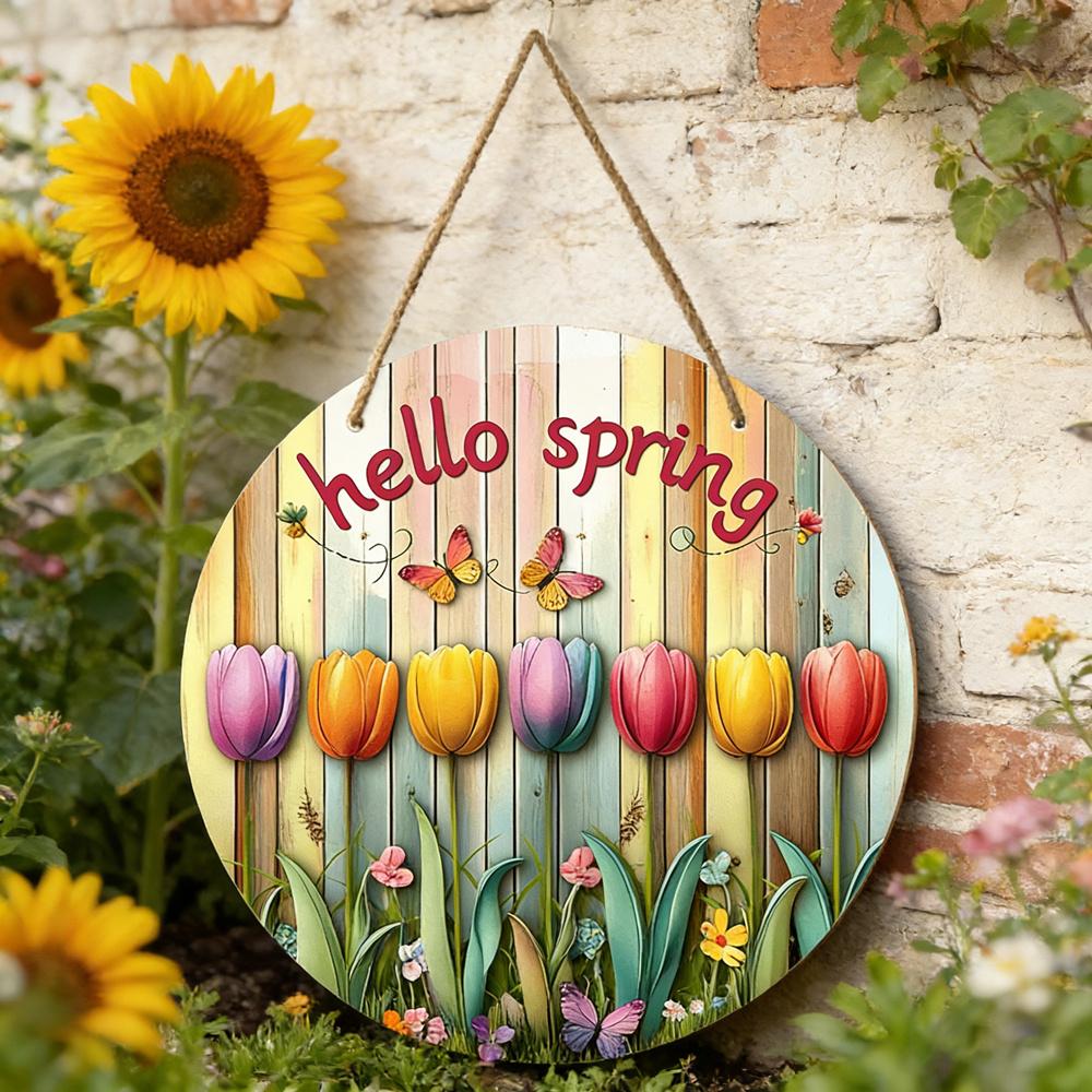 2D Flat, 1pc Hello Spring Colorful Tulip Wooden Hanging Sign Spring Party Ornament Perfect for Home Wall and Entry Door Decoration Garden Decoration