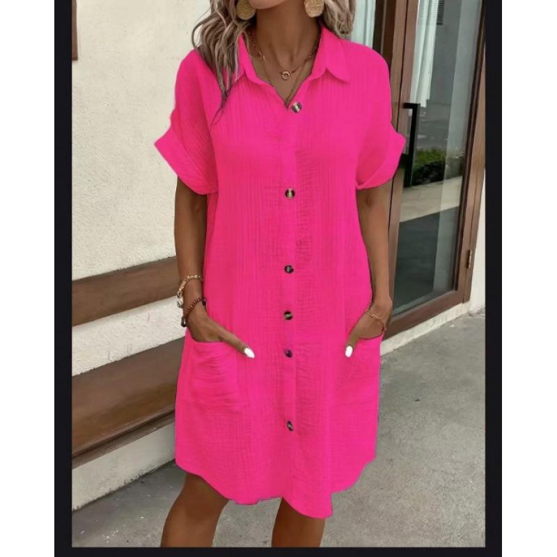 Casual Solid Color Single-breasted Mid-length Short Sleeve Loose Casual Dress Women's Wear