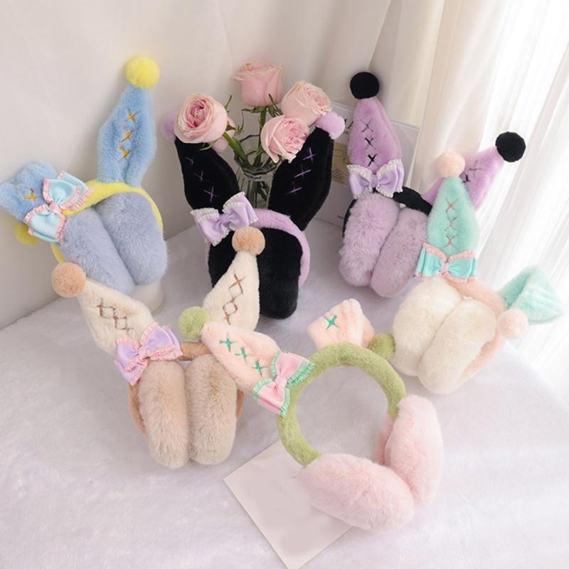 Girls Lovely Bunny Ear Shape Ear Warmer Stuffed Earmuff Warm Plush Winter Earwarmer with Bowknot Decor for Children
