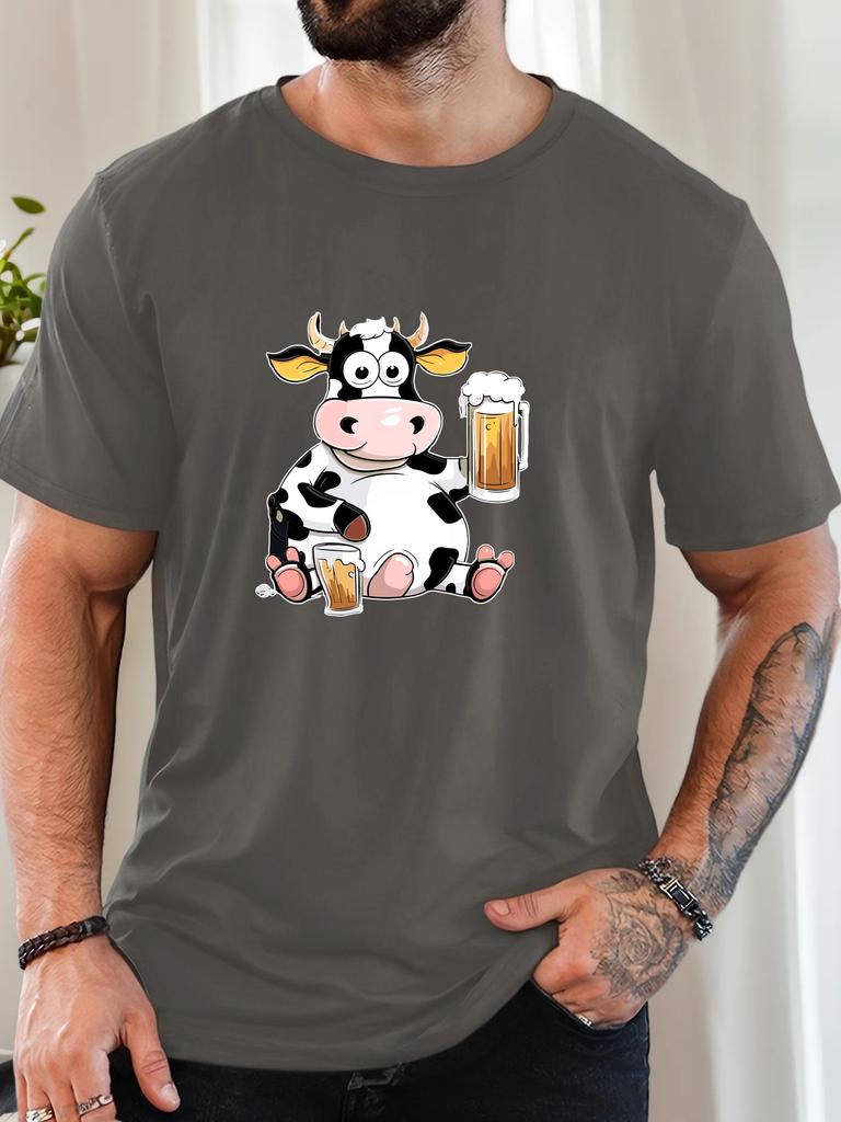 Cartoon Cow Beer Graphic Print Unisexs Crew Neck Short Sleeve Tee Soft Summer Top For Drink Lover Daily Street Basic Outfit Wear
