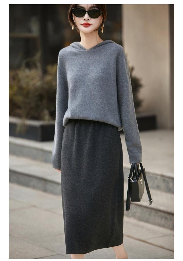 Cozy 100% Ultra-Fine Wool Hooded Drop Shoulder Sweater for Autumn and Winter