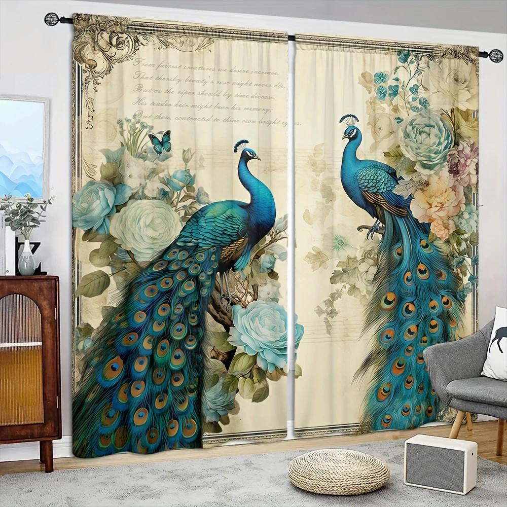 Set Of 2 Jit Floral Peacock Print Curtain Design Drapes Window Decor Home Curtains Made Polyester