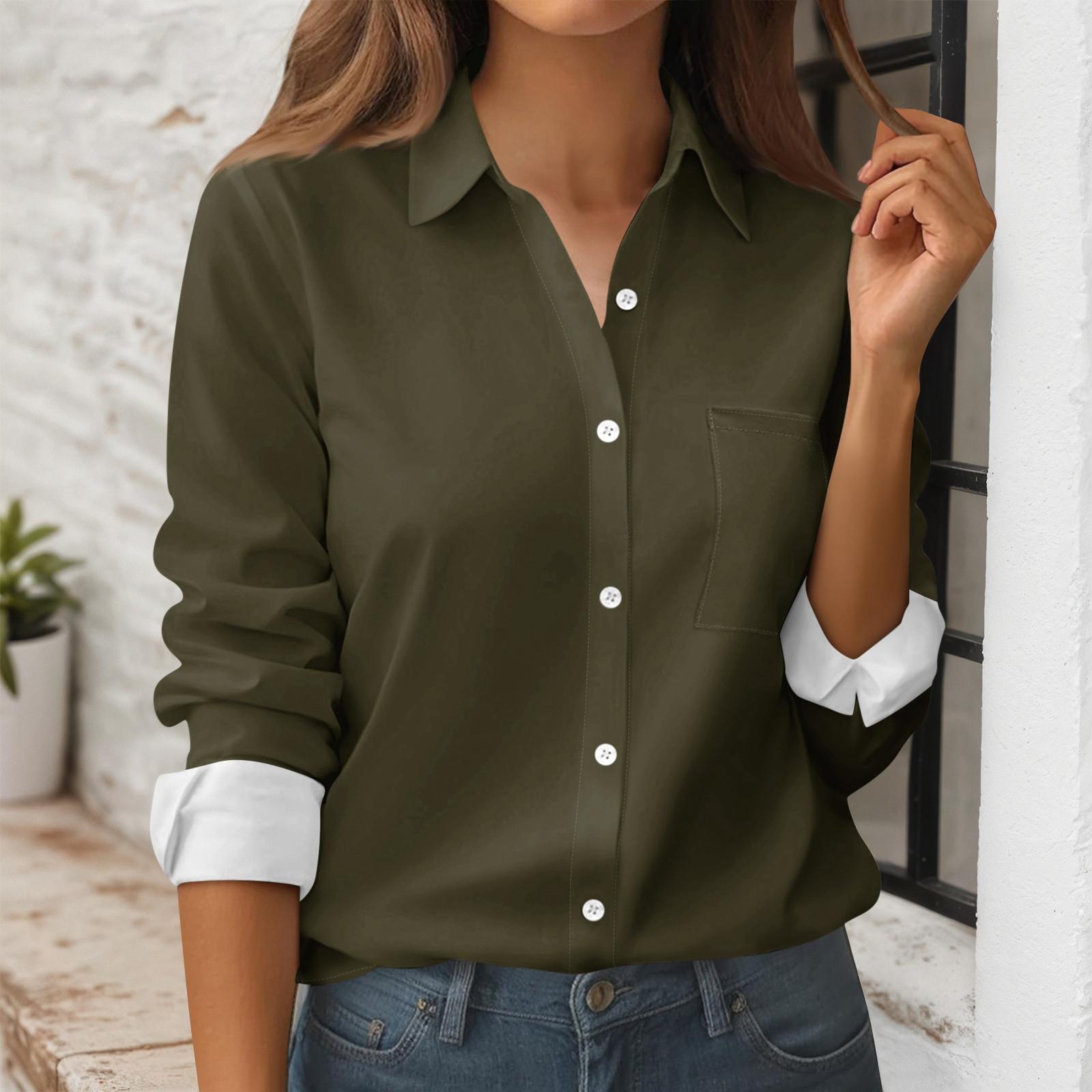 Women s Button Down Shirt Long Sleeve Shirt Business Work Tops Casual With Pockets Jacket XL