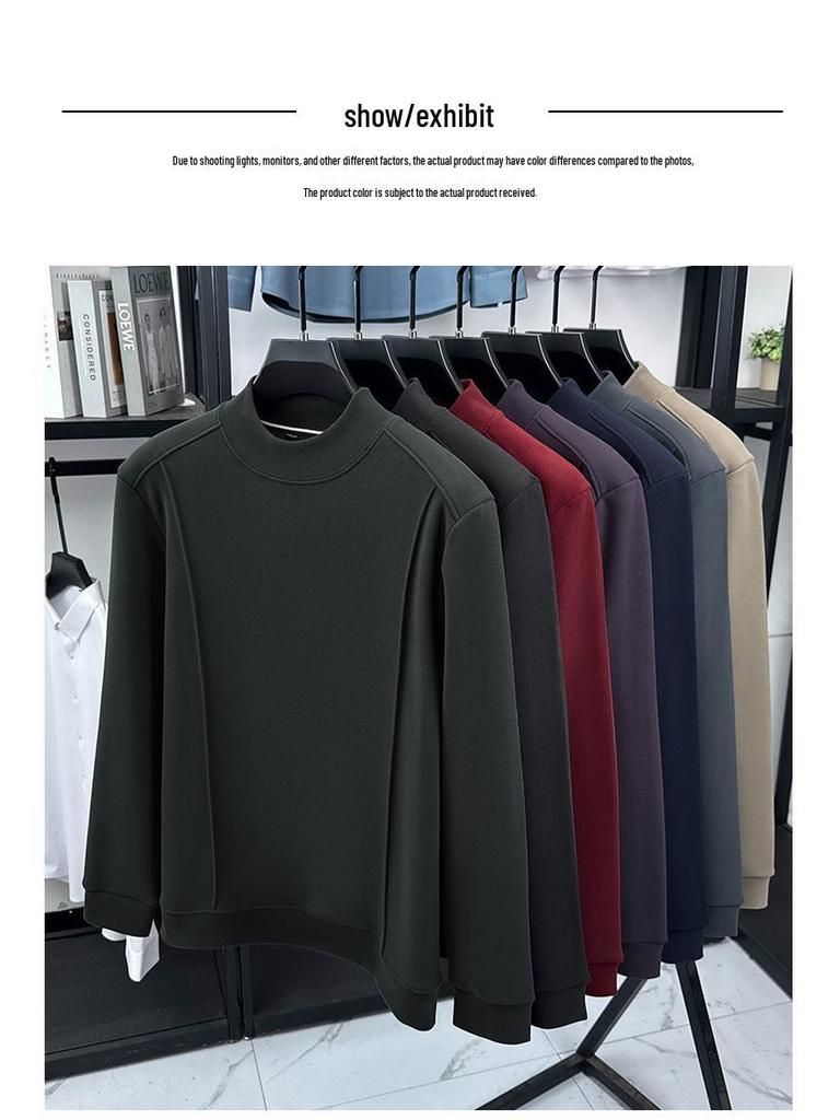 Men's Versatile Winter Fleece Sweatshirt, Half-High Collar, Solid Color, Long Sleeve, Thick Base Layer for All Ages.