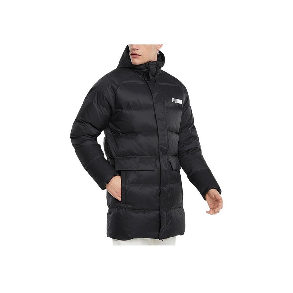Puma Solide Daunen Longline Logo Kapuzen-Pufferjacke Herren Oberbekleidung Schwarz 846326-01