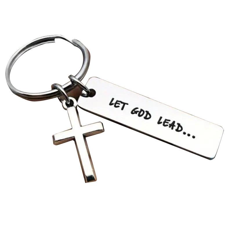 

Let God Lead Cross Stainless Steel Keychain Religious Inspirational Design Fashion Bag Pendant Practical Daily Gift