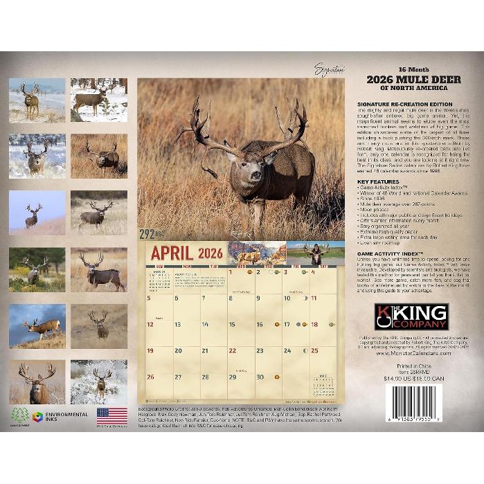 2026 Monster Mule Deer Wall Calendar 16-Month X-Large Size 14x22, Big Buck Calendar by The KING Company-Monster Calendars