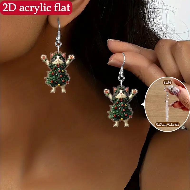 Cross-border new Christmas black and white cat Christmas tree earrings creative personality exaggerated cartoon Christmas cat earrings ornaments