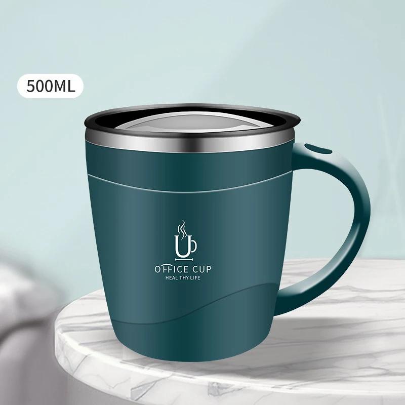 500ml Coffee Mug 304 Stainless Steel Double Layers Coffee Cup with Handle Leak-Proof Slide Cover Portable Thermal Water Bottle