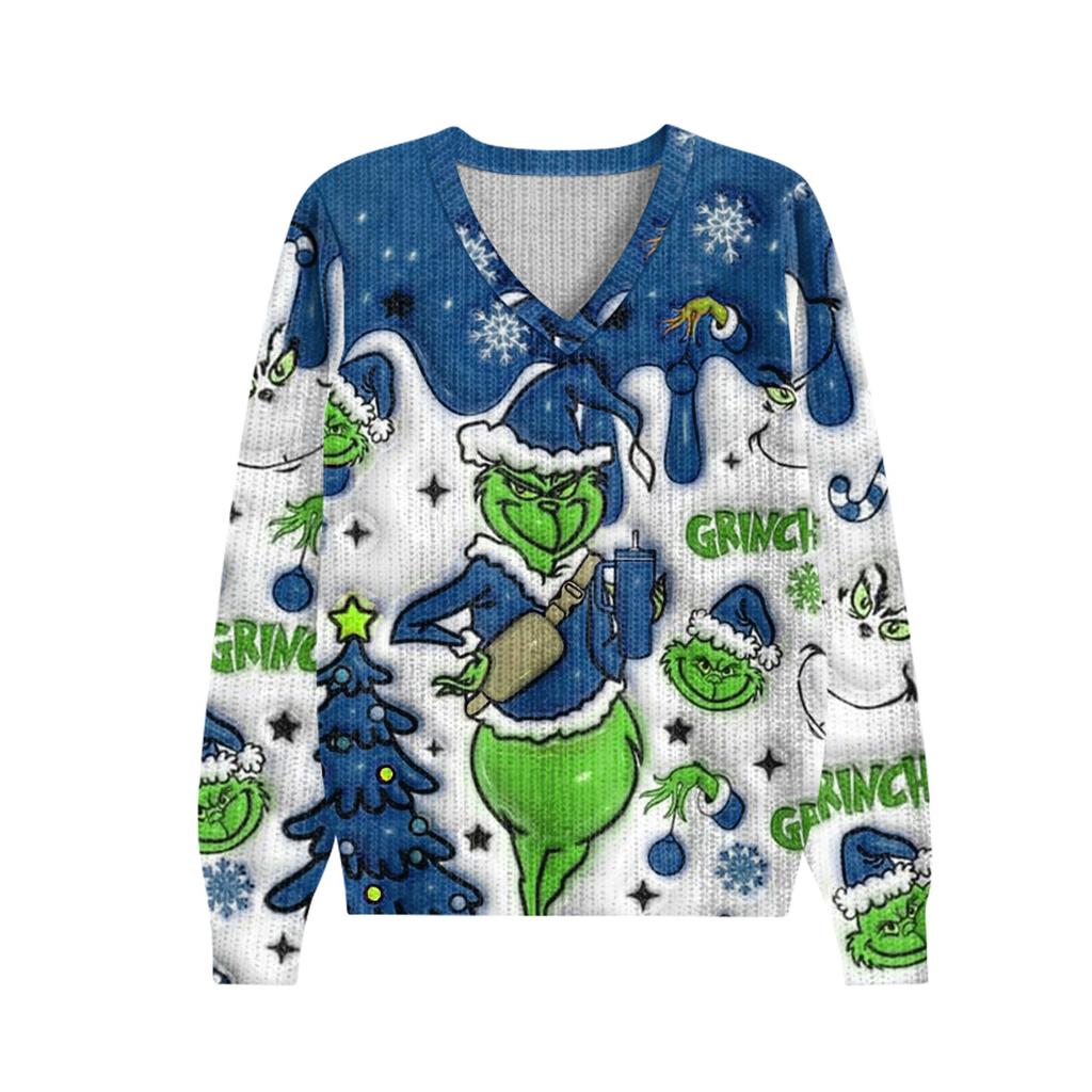 Women's Cute Sweatshirt Knitted Fashion Casual V-neck Long-sleeved  Cozy Print Top