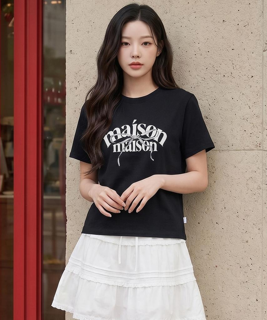 NTBC (W) Masion Ribbon Lettering Half T-Shirts (Black)
