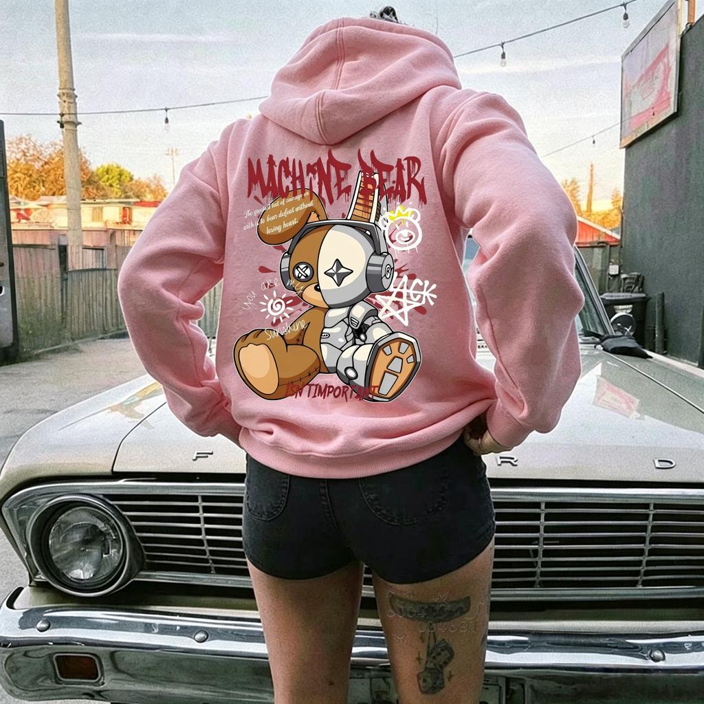 Latest Fall/winter Network Mechanical Rabbit Graffiti Letter Hooded Long-sleeved Pullover with Pockets Street Style Hooded Top