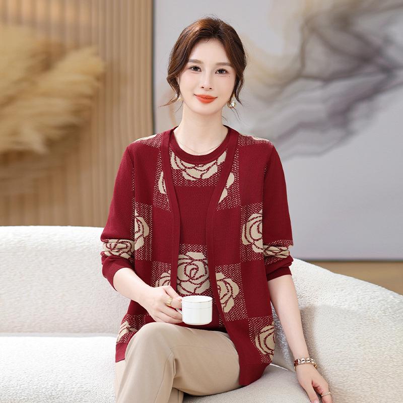 

Spring Knitted Cardigan Sweater for Middle-Aged Women and Grandmas XL (100-110 jin) вина червоного кольору