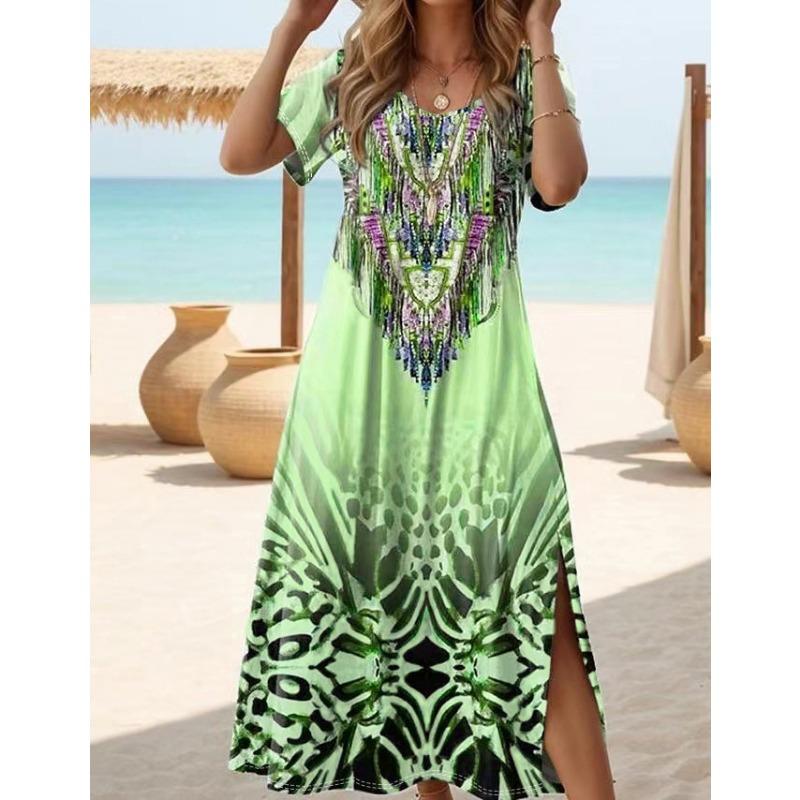 

YYFS Женская мода лето весна короткий рукав О-образный вырез свободная талия повседневные платья XXL зелёный