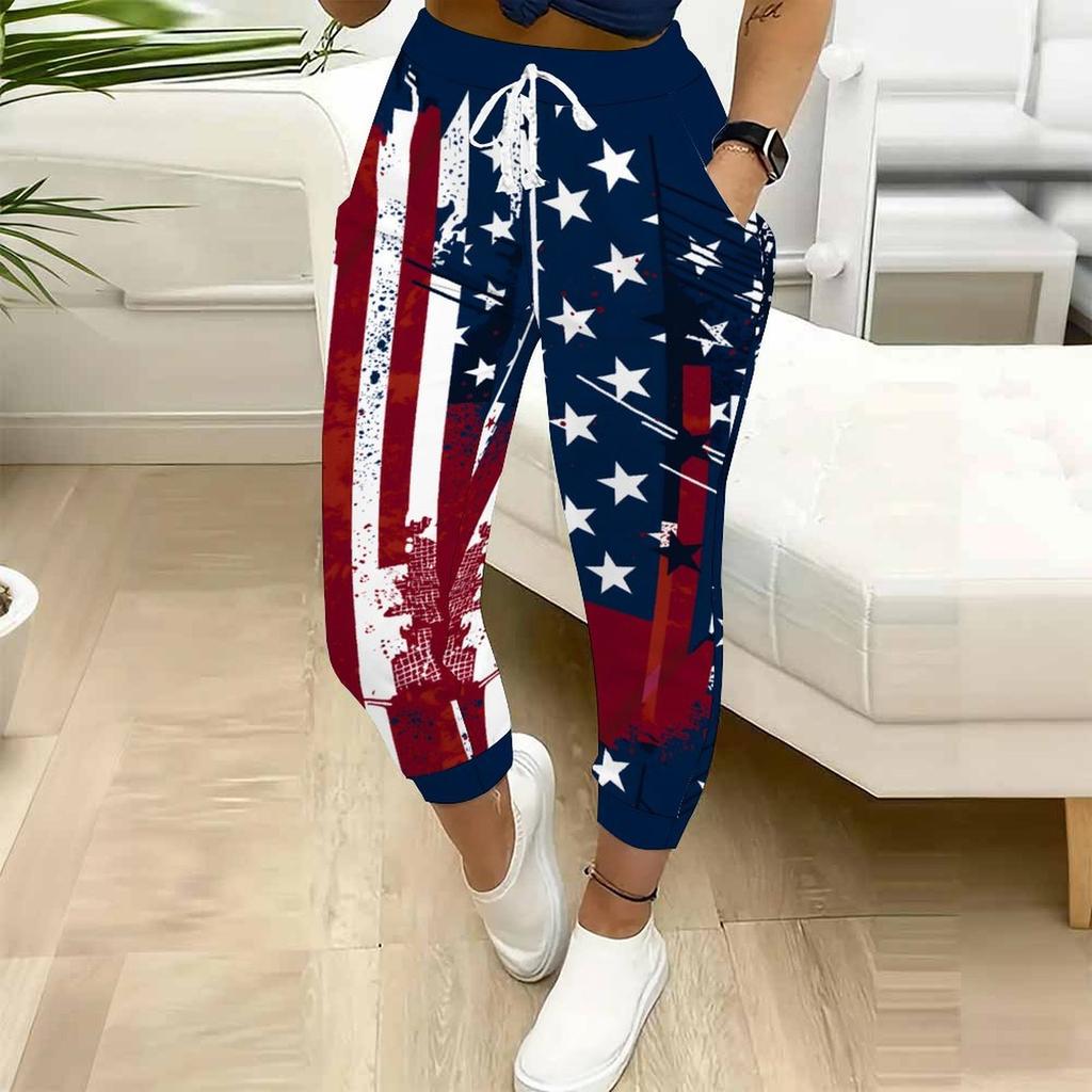 Yazlık Kadın Amerika Birleşik Devletleri Baskılı Eşofman Altı Bol Kesim Büzgü İpli Jogger Pantolon Elastik Bilekli Günlük Rahat Pantolon