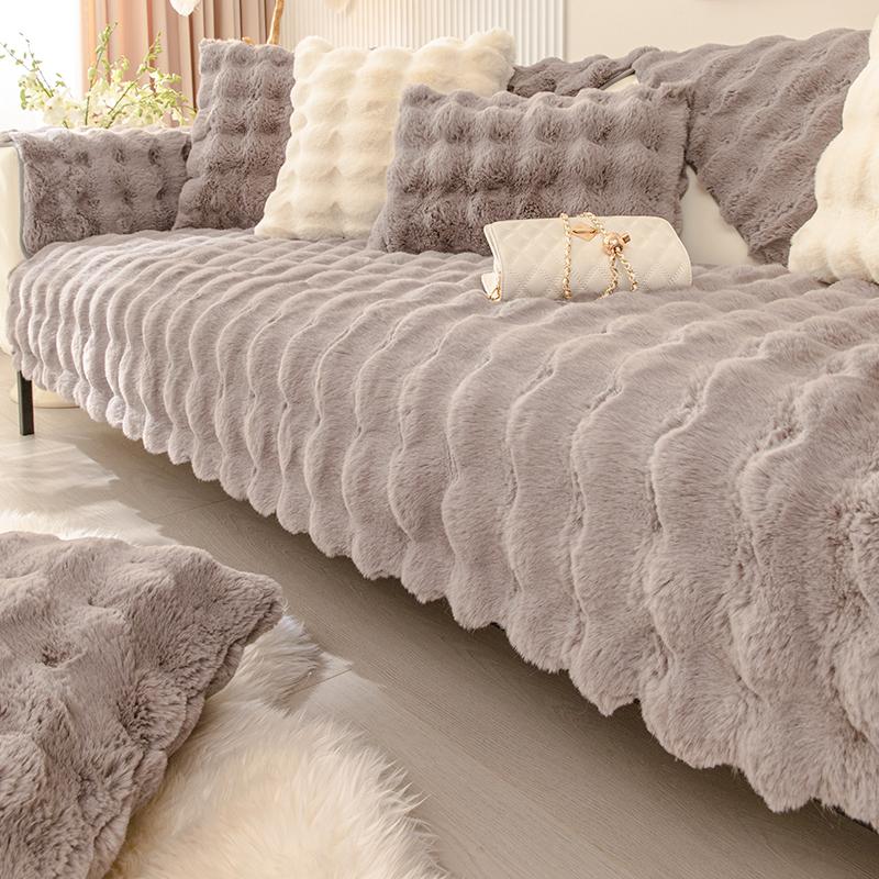 Cojín de sofá de felpa de conejo de burbujas, cojín antideslizante de invierno, funda de sofá de cuero ligera, gruesa, Simple, de alta gama