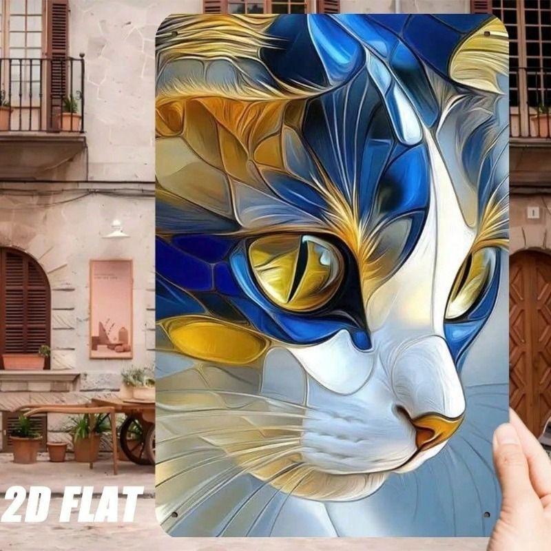 

Metal Wall Art Abstract Cat Blue Gold Vintage for Living Room