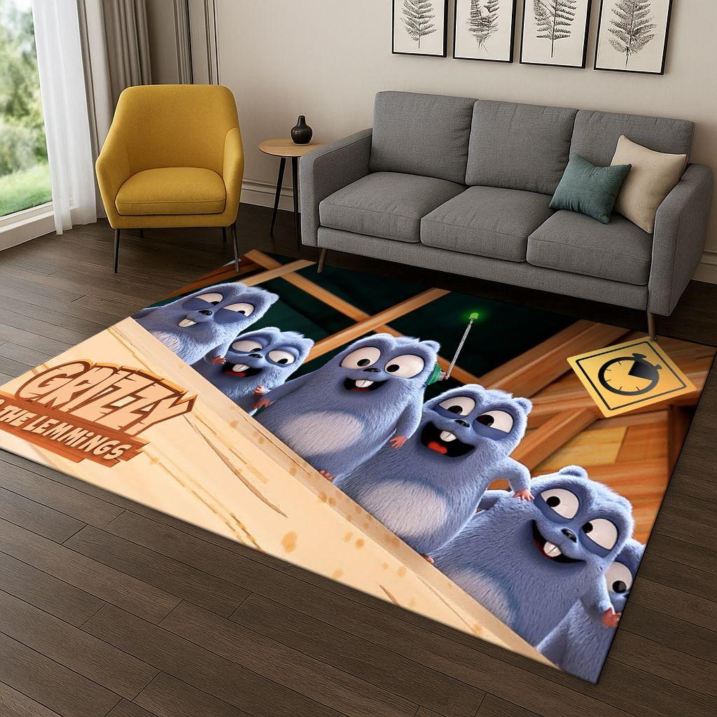 Tappeto Cartoon 3D Grizzy e i Lemming per Camera da Letto Soggiorno Divano Decorazione Casa, Tappeto Area Giochi Bambini Tappetino Antiscivolo Regalo