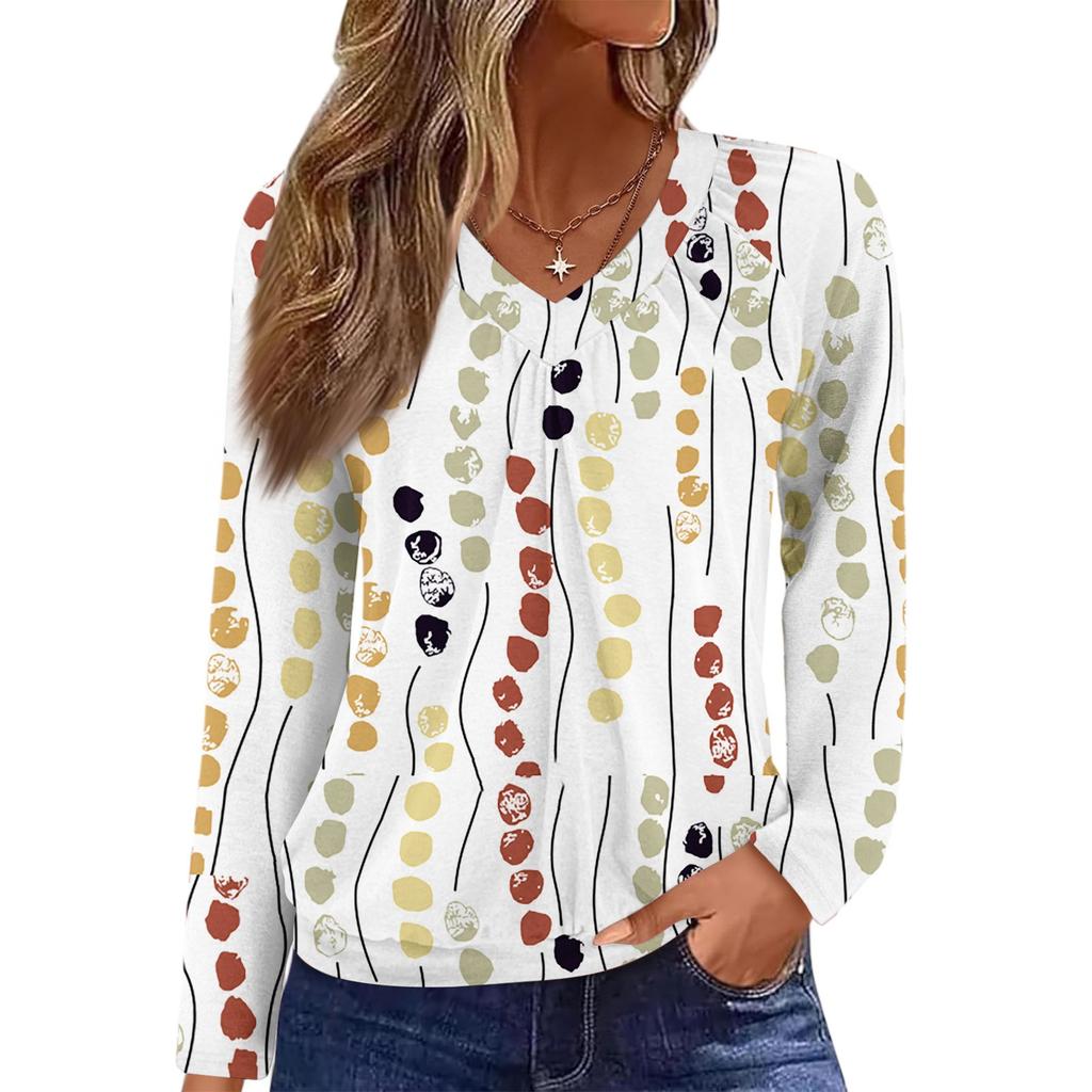 Women's Casual Fashion V-Neck Raglan Pleated Plaid Print Long Sleeve Top