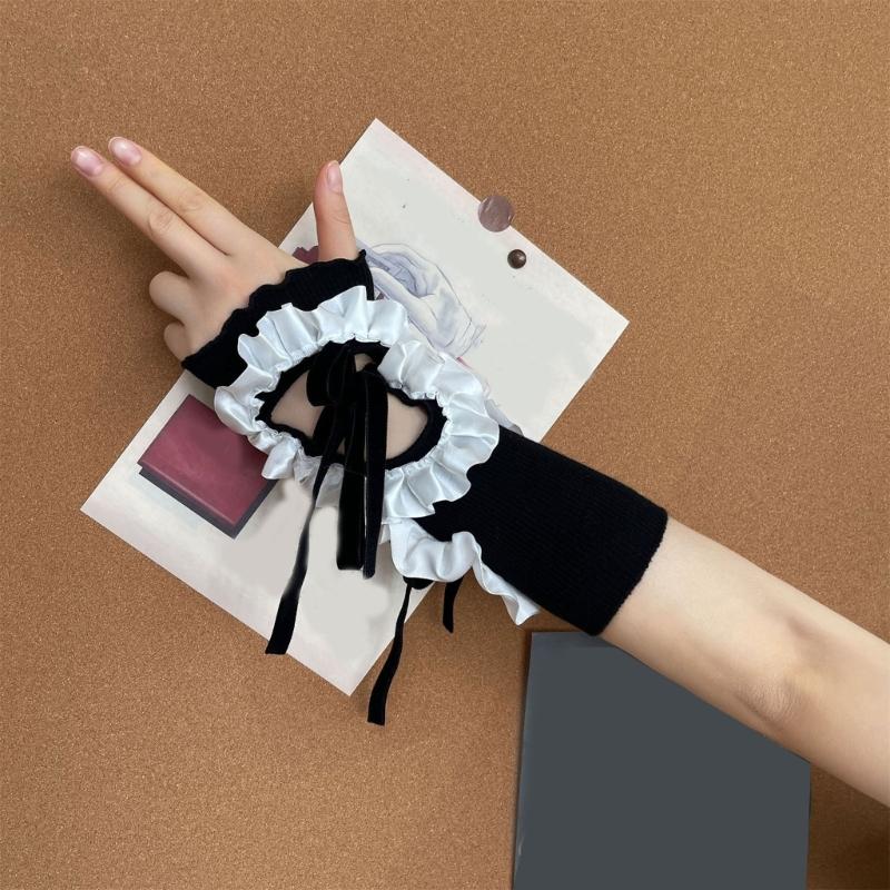 Lolitas Crinkled Hollow Out Gloves Satins Lace Ribbon Adjustable Wrist Sleeves For Women Party Fashion Accessories