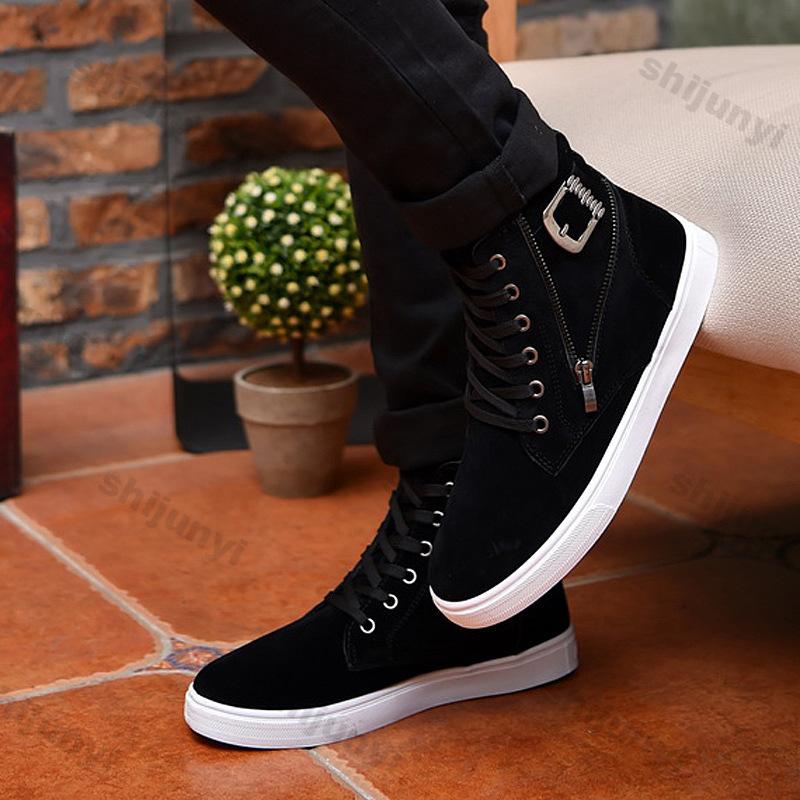 Fashion Men's Boots 2024 Autumn Thick Soled Warm Zipper Lace-up Korean Belt Buckle Comfort High Top Flat Bottom British Sports Boots