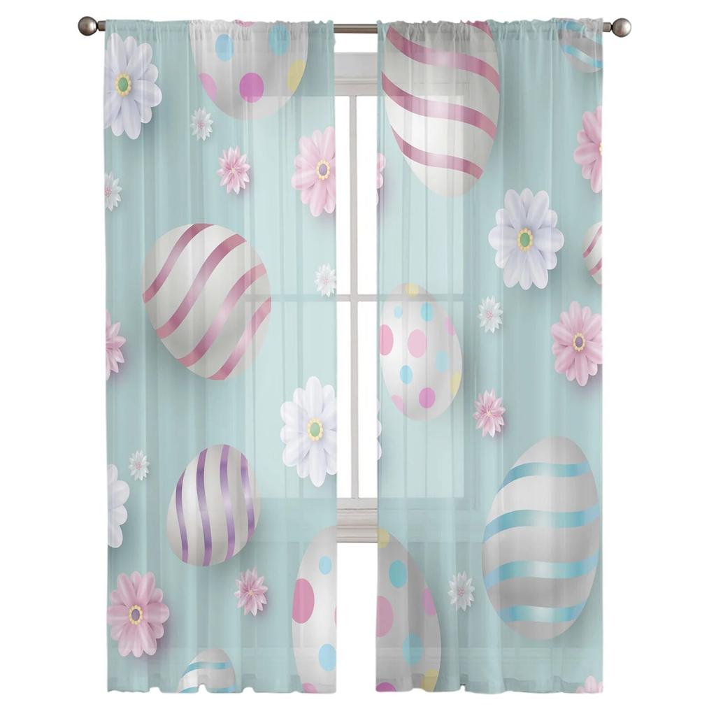 Easter Egg Flowers Are Pink Blue Tulle Curtains For Living Room Bedroom Voile Sheer Curtain Window Home Decor Drapes