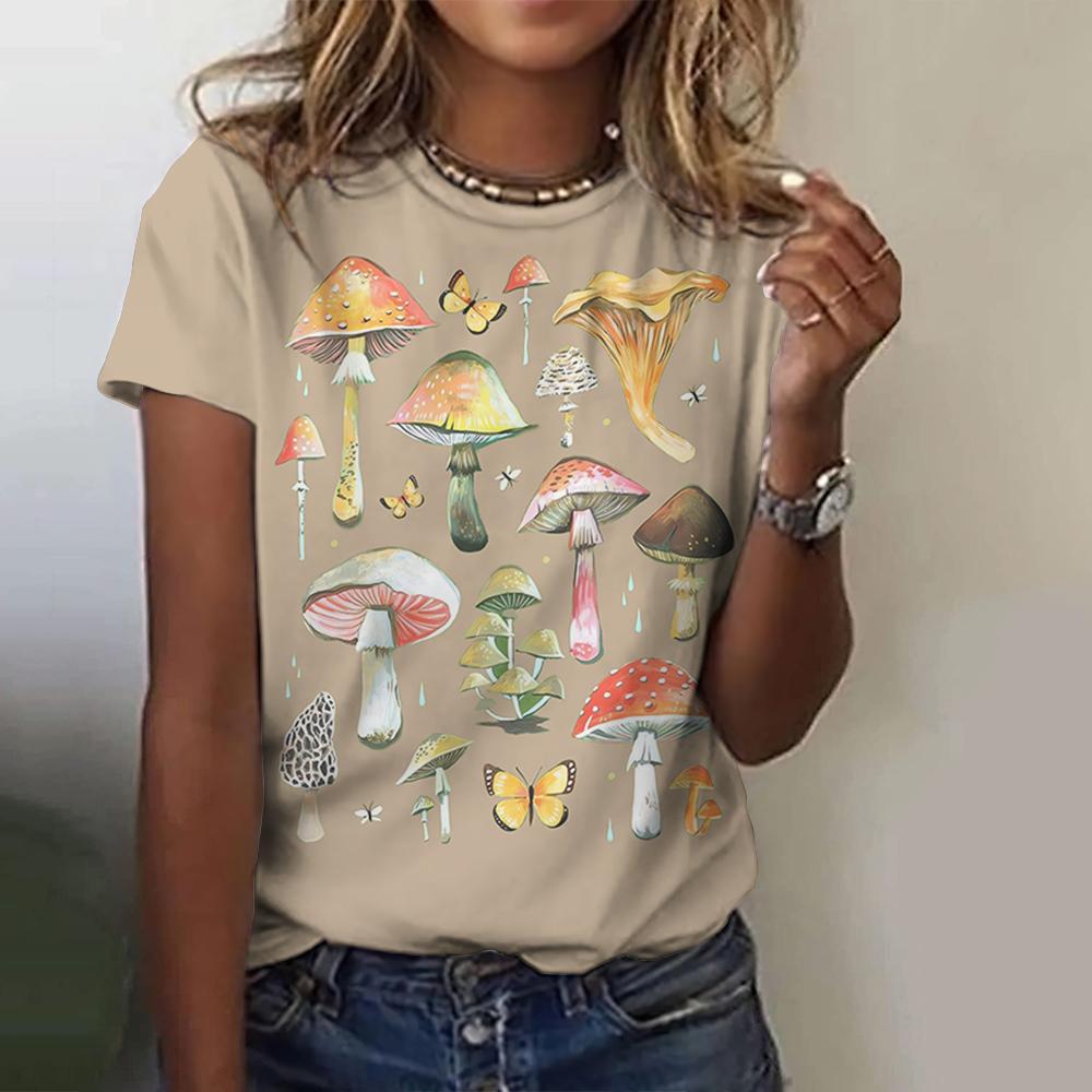 High-Quality Cotton Cute Mushroom Print Women's T-Shirt Retro Fashion Casual Summer New Short-Sleeved Women's Clothing