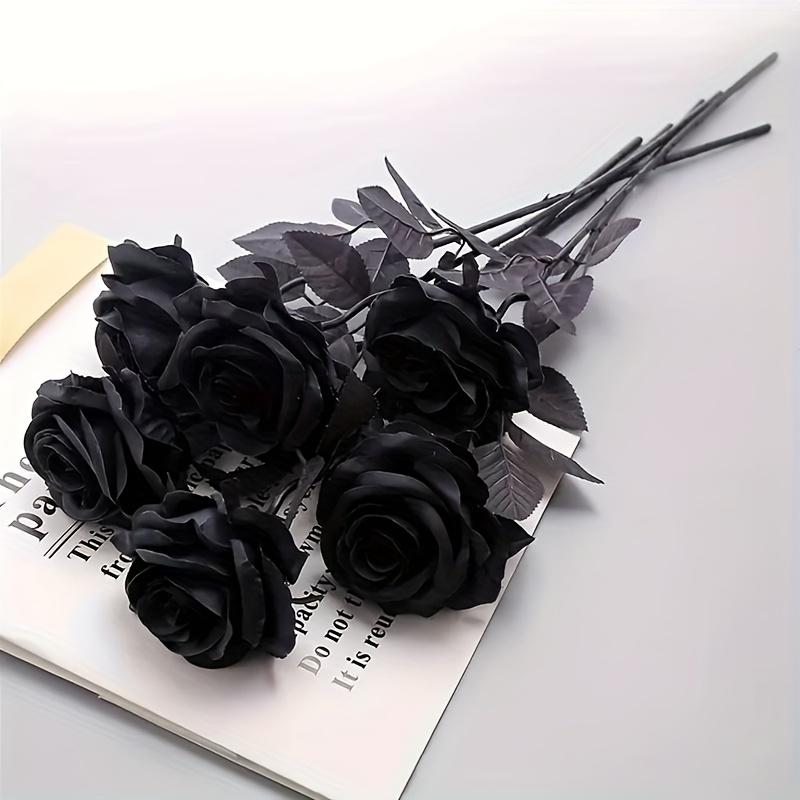 5pcs Artificial Flowers Black Roses Plastic Fake Flowers Long Stem Garden Office Home Decor Wedding Halloween Party Decoration