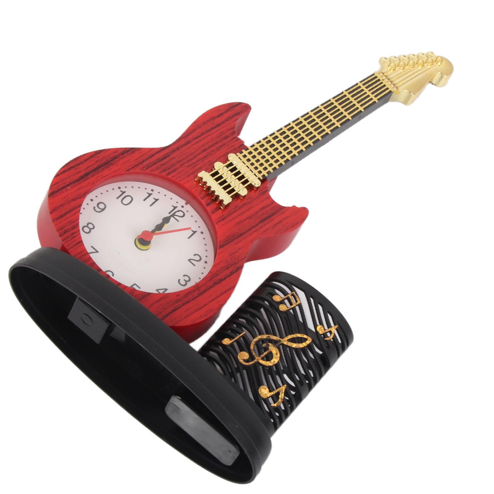 

Vintage Desk Clock Guitar Shape Stable Base Battery Powered ABS Alarm Clock with Pencil Holder for Bedroom Office