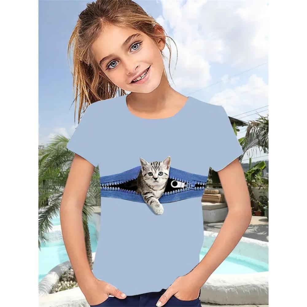 2025 Funny Animal Cat 3d Print Girls' T-Shirts Party Fashion Short Sleeved Tops Tee 2025 Casual T-Shirts Girls' Clothing