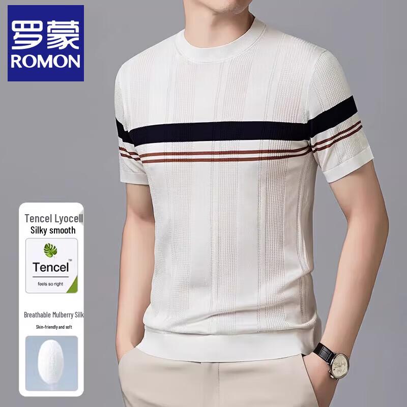 ROMON Men s Silk Blend Striped Knit Short Sleeve T-Shirt 2XL