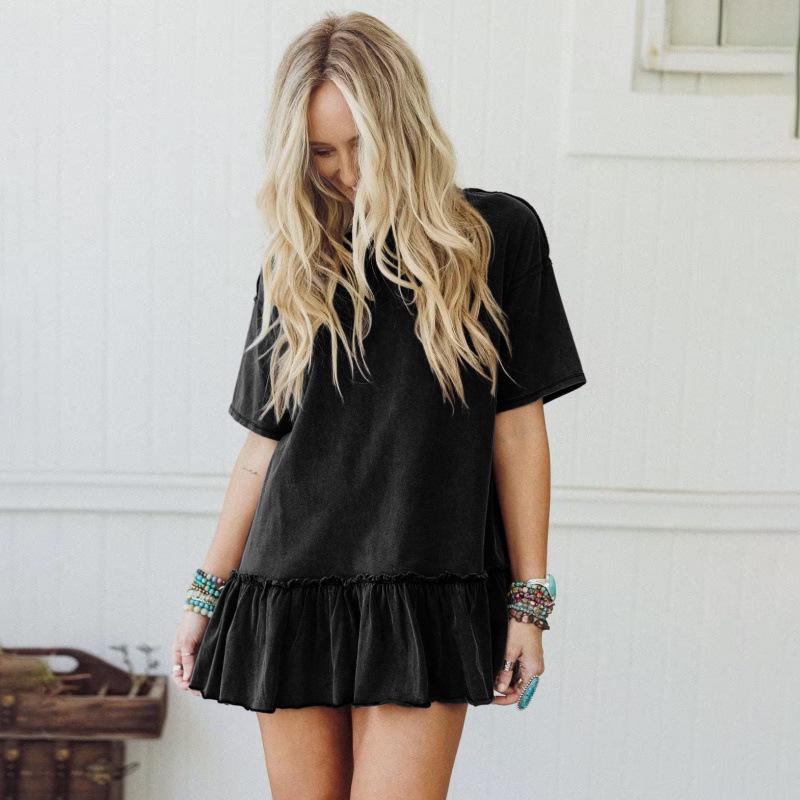 

Women s Loose Round Neck Short Sleeve Skirt Dress with Ruffles and Pleats in Sweet and Spicy Style S