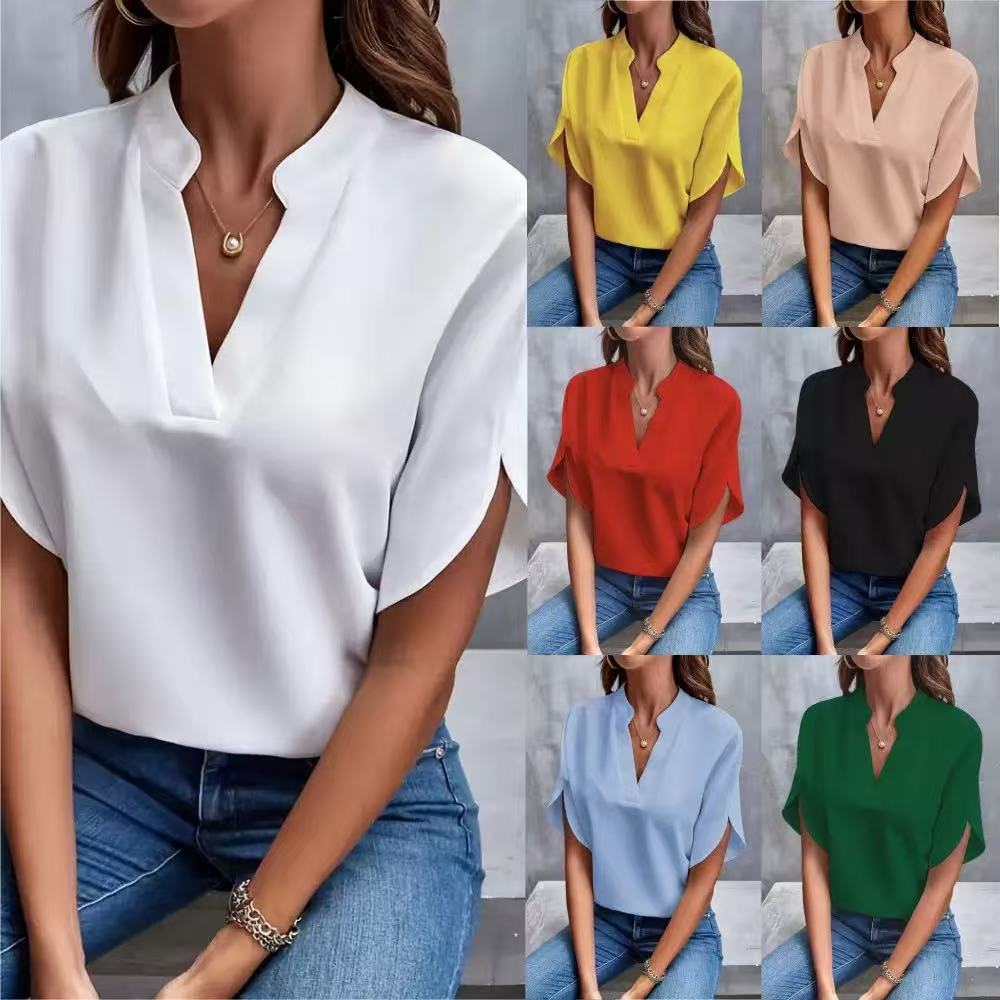 Women's Fashion Casual Summer Solid Color Print Short Sleeve V-Neck Blouses & Shirts